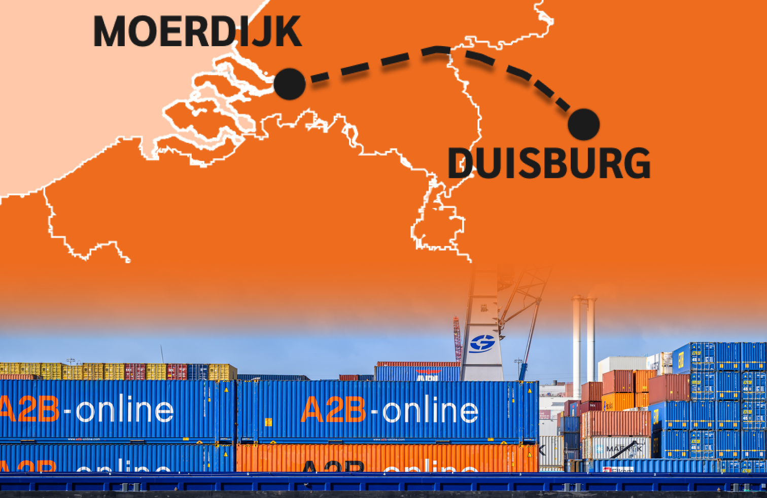 Map showing the barge service connection between Moerdijk and Duisburg with A2B-online containers in the foreground.